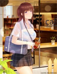 Rule 34 | 1girl, ahoge, alexiel (pixiv6211566), bag, blue bra, blunt bangs, bookshelf, bra, bra visible through clothes, bracelet, breasts, brown hair, cafe, checkered clothes, checkered skirt, closed mouth, collared shirt, commentary request, counter, cowboy shot, cup, dress shirt, glass, holding, holding cup, holding tie, jewelry, large breasts, long hair, necktie, original, plant, purple eyes, resolution mismatch, school bag, school uniform, see-through, shirt, short sleeves, sidelocks, skirt, smile, solo, source larger, standing, storefront, thighs, underwear, undone necktie, undone neckwear, uniform, wet, wet clothes, white shirt, window