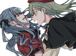 2girls bang_dream! bang_dream!_it&#039;s_mygo!!!!! beret black_capelet black_ribbon blue_hair capelet commentary earrings floating_hair green_hair hair_ribbon hand_on_another&#039;s_cheek hand_on_another&#039;s_face hashtag-only_commentary hat highres jewelry long_hair mortis_(bang_dream!) multiple_girls oblivionis_(bang_dream!) puffy_short_sleeves puffy_sleeves red_hat red_shirt ribbon shirt short_sleeves sidelocks simple_background togawa_sakiko upper_body wakaba_mutsumi white_background yellow_brooch yellow_eyes yuri yurieproducer