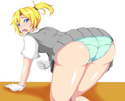 Rule 34 | 10s, 1girl, all fours, artist request, ass, blonde hair, blue eyes, blush, from behind, gloves, kantai collection, looking at viewer, maikaze (kancolle), open mouth, panties, pantyshot, personification, ponytail, school uniform, shiny skin, short hair, short ponytail, skirt, solo, underwear, upskirt, white gloves