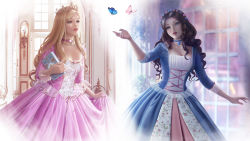 Rule 34 | 2girls, anneliese (barbie), balcony, barbie (character), barbie (franchise), barbie as the princess and the pauper, barbie movies, blonde hair, blue choker, blue dress, blue eyes, book, breasts, brown hair, bug, butterfly, castle, choker, corset, cowboy shot, crown, curly hair, door, door handle, dress, erika (barbie), filigree, floral dress, floral print, flower, flower wreath, formal, frilled dress, frills, gold trim, gown, hair flower, hair ornament, hand up, head wreath, heart, heart choker, heart necklace, holding, holding book, indoors, insect, interior, jewelry, landscape, lattice, long hair, long sleeves, looking ahead, medieval, multiple girls, necklace, open mouth, outdoors, outstretched arm, palace, parted lips, pink butterfly, pink choker, pink dress, pink lips, pink ribbon, plant, princess, princess and the pauper, realistic, red lips, renaissance clothes, ribbon, ringlets, rose, skirt hold, square neckline, sunlight, tiara, tree, vines, wavy hair, wickellia, window, wisteria