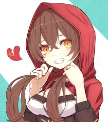 Rule 34 | 1girl, alternate hairstyle, amber (genshin impact), blush, breasts, dotted background, dress, eyelashes, genshin impact, hair between eyes, heart, highres, holding, holding own hair, long hair, long sleeves, looking at viewer, red dress, red hood, reizouko, simple background, smile, solo, white background, yellow eyes