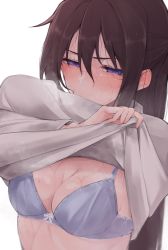Rule 34 | 1girl, blue bra, blush, bow, bow bra, bra, breasts, brown hair, cleavage, clothes lift, commentary request, covered mouth, ear blush, grey sweater, hair between eyes, half-closed eyes, hands up, heavy breathing, highres, hot, lifting own clothes, long hair, long sleeves, looking at viewer, love live!, love live! nijigasaki high school idol club, medium breasts, messy hair, nasuno (nasuno42), nose blush, osaka shizuku, purple eyes, simple background, solo, sweat, sweater, sweater lift, underwear, undressing, upper body, water drop, wet, wet hair, white background