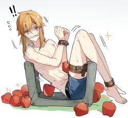 Rule 34 | 1boy, apple, barefoot, bdsm, blonde hair, blue eyes, blush, bondage, bound, bound wrists, clenched hands, collarbone, commentary request, earrings, food, from side, fruit, gag, gagged, grey background, hair between eyes, hands up, jewelry, leopardtiger, link, looking at viewer, lying, male focus, male underwear, nintendo, on back, restrained, shaded face, shorts, sitting, solo, sparkle, the legend of zelda, the legend of zelda: breath of the wild, thigh strap, topless male, trap, underwear
