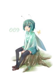 Rule 34 | 1girl, alternate costume, antennae, aoi kujira, black thighhighs, blush, bug, butterfly, cape, colored eyelashes, contemporary, eyelashes, female focus, green eyes, green hair, insect, matching hair/eyes, short hair, skirt, smile, solo, thighhighs, touhou, v arms, wriggle nightbug