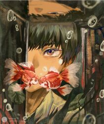 Rule 34 | 1boy, black hair, bubble, collared shirt, commentary, covered mouth, eyelashes, fish, goldfish, haikyuu!!, hashtag-only commentary, highres, lofter logo, lofter username, looking at viewer, male focus, red eyes, reflection, shirt, short hair, solo, straight-on, thick eyebrows, tuuuuuututu, upper body, white shirt