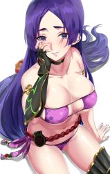 Rule 34 | 1girl, arm guards, bare shoulders, bikini, black gloves, blush, breasts, choker, cleavage, collarbone, commentary request, fate/grand order, fate (series), fingerless gloves, fingernails, floral print, gloves, hand on own cheek, hand on own face, hand up, highres, hotate-chan, large breasts, lips, long hair, looking at viewer, minamoto no raikou (fate), minamoto no raikou (fate/grand order), minamoto no raikou (swimsuit lancer) (fate), minamoto no raikou (swimsuit lancer) (third ascension) (fate), nail polish, navel, parted lips, purple bikini, purple eyes, purple hair, shiny clothes, shiny skin, simple background, single glove, sitting, smile, solo, stomach, swimsuit, thighs, very long hair, white background