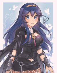 Rule 34 | 1girl, alternate costume, artist name, blue eyes, blue hair, breasts, brooch, bug, butterfly, byleth (female) (fire emblem), byleth (female) (fire emblem) (cosplay), byleth (fire emblem), cleavage, cosplay, crest, family crest, fire emblem, fire emblem: three houses, fire emblem awakening, highres, insect, jacket, jacket on shoulders, jewelry, long hair, looking at viewer, lucina (fire emblem), medium breasts, navel, nintendo, pantyhose, purrlucii, smile, solo, vambraces