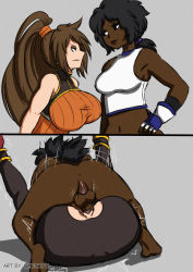 Rule 34 | 2girls, angry, anus, ass, black hair, breasts, brown eyes, brown hair, clothed female nude female, clothed sex, clothes, dark-skinned female, dark skin, dungeon and fighter, female striker (dungeon and fighter), futa with female, futanari, huge breasts, instant loss, interracial, legs up, long hair, looking at viewer, mating press, medium breasts, multiple girls, nude, ponytail, pussy, sex, testicles, torn clothes, umeyiyo, vaginal
