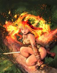 Rule 34 | 1girl, female focus, fiery hair, fire, gloves, highres, nature, orange eyes, outdoors, red hair, solo, sword, thighs, weapon