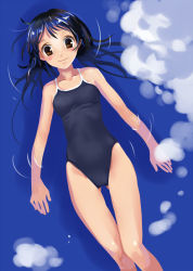 Rule 34 | 1girl, afloat, black hair, blue hair, brown eyes, cloud, competition school swimsuit, competition swimsuit, day, floating, from above, katahira masashi, lying, on back, one-piece swimsuit, original, reflection, school swimsuit, smile, solo, swimsuit, water
