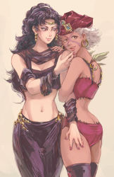 Rule 34 | 2girls, ass, bad id, bad pixiv id, black hair, bra, brown eyes, butt crack, chocoblood, earrings, esidisi, feathers, genderswap, genderswap (mtf), hand on another&#039;s face, hand on another&#039;s hip, headband, headdress, horns, jewelry, jojo no kimyou na bouken, kars (jojo), long hair, midriff, multiple girls, nose piercing, nose ring, panties, piercing, red eyes, scarf, stitches, tongue, tongue out, underwear, underwear only, white hair