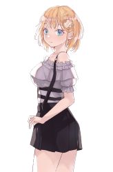 Rule 34 | 1girl, absurdres, blonde hair, blue eyes, breasts, closed eyes, closed mouth, from side, hair ornament, highres, hololive, hololive english, large breasts, light blush, looking to the side, shaded face, shironekokfp, simple background, solo, standing, virtual youtuber, watson amelia, watson amelia (street casual), white background
