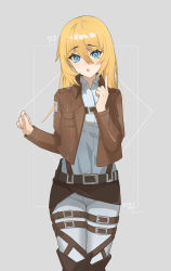 Rule 34 | 1girl, ?, absurdres, belt, blonde hair, blue eyes, blue pants, blue shirt, brown jacket, chinese commentary, collared shirt, commentary request, cowboy shot, cropped jacket, dated, eyebrows, grey background, hair between eyes, hands up, highres, index finger raised, jacket, krista lenz, long hair, long sleeves, looking at viewer, mole, mole under eye, open clothes, open jacket, open mouth, pants, paradis military uniform, shingeki no kyojin, shirt, simple background, solo, spoken question mark, teeth, thigh strap, upper teeth only, xiaolintongxue