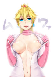 Rule 34 | 1girl, backlighting, biker clothes, bikesuit, blonde hair, blue eyes, bodysuit, breasts, breath, covered erect nipples, crown, earrings, elbow gloves, female focus, gem, gloves, heavy breathing, highres, jewelry, licking lips, long hair, looking at viewer, mario (series), mario kart, mario kart 8, navel, nintendo, nipples, open clothes, open shirt, princess peach, saliva, scarf, shirt, simple background, solo, steam, super mario bros. 1, surock, sweat, tongue, tongue out, undressing, white background