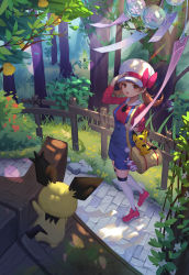 Rule 34 | 1girl, absurdres, al guang, berry (pokemon), blue overalls, bow, brown eyes, brown hair, bush, cabbie hat, celebi, commentary request, creatures (company), day, fence, forest, game freak, gen 2 pokemon, grass, hand on headwear, hat, hat bow, highres, legendary pokemon, long hair, lyra (pokemon), mythical pokemon, nature, nintendo, outdoors, overalls, pichu, pokegear, pokemon, pokemon (creature), pokemon hgss, red shirt, shirt, shoes, sitrus berry, spiky-eared pichu, standing, thighhighs, tree, twintails, white headwear, white thighhighs, yellow bag