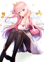 Rule 34 | 1girl, animal, arm up, black pantyhose, blush, breasts, bug, butterfly, cleavage, closed mouth, cloud, collarbone, commentary request, dress, emily stock, hair between eyes, head tilt, highres, insect, jacket, jewelry, layered sleeves, long hair, long sleeves, looking at viewer, medium breasts, no shoes, one side up, open clothes, open jacket, original, pantyhose, pendant, petals, pink hair, pink jacket, rainbow, red eyes, revision, ririko (zhuoyandesailaer), short over long sleeves, short sleeves, sitting, smile, soles, solo, very long hair, white background, white dress, wide sleeves