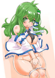 Rule 34 | 1girl, antenna hair, black necktie, blush, body blush, bottomless, breasts, brown pubic hair, collared shirt, commentary request, covering privates, covering breasts, crossed bangs, dated, detached sleeves, eyes visible through hair, feet out of frame, female pubic hair, frog hair ornament, green eyes, green hair, hair between eyes, hair ornament, kei jiei, kochiya sanae, large breasts, long hair, looking at viewer, necktie, nipples, open mouth, panties, panty pull, pubic hair, pubic hair peek, shiny skin, shirt, sidelocks, single hair tube, sleeveless, sleeveless shirt, snake hair ornament, solo, touhou, underwear, white panties, white shirt, white sleeves, wide sleeves