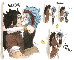 Rule 34 | 1boy, 1girl, black hair, black pantyhose, black shirt, blue hair, blush, brown eyes, brown shirt, clenched teeth, covering face, eye contact, fairy tail, flower, gajeel redfox, hair flower, hair ornament, headband, levy mcgarden, long hair, looking at another, pantyhose, rusky, shirt, sketch, sleeveless, sleeveless shirt, spiked hair, teeth, white flower
