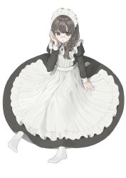 Rule 34 | 1girl, absurdres, apron, black dress, black eyes, black hair, braid, commentary request, dress, frilled apron, frills, full body, glasses, hair over shoulder, highres, juliet sleeves, long hair, long sleeves, looking at viewer, maid, maid apron, maid headdress, no shoes, original, pantyhose, puffy sleeves, round eyewear, shii (kairi-t-k0317), simple background, sitting, solo, white apron, white background, white pantyhose