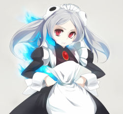 Rule 34 | 1girl, apron, bloody marie (skullgirls), blue fire, bone, cha-suke, dress, female focus, fire, grey background, grey hair, hair ornament, hands on own hips, long hair, looking at viewer, maid, maid apron, red eyes, simple background, skull hair ornament, skullgirls, solo, twintails