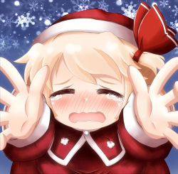 Rule 34 | 1girl, bad id, bad pixiv id, blonde hair, blush, cocozasa, crying, closed eyes, facing viewer, female focus, from above, hat, incoming hug, long sleeves, open mouth, red eyes, rumia, santa costume, santa hat, short hair, solo, tears, touhou, wavy mouth