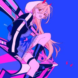 Rule 34 | 1girl, arcade, black footwear, black jacket, blonde hair, blue background, chainsaw man, cross-shaped pupils, hair over one eye, highres, horns, jacket, legband, long hair, looking at viewer, null024, open mouth, orange eyes, overall skirt, power (chainsaw man), red horns, sharp teeth, simple background, solo, symbol-shaped pupils, teeth, white hood