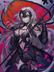 Rule 34 | 1girl, antenna hair, armor, armored dress, artist name, banner, black dress, black gloves, black thighhighs, breasts, cleavage, clothing cutout, collarbone, commentary request, cowboy shot, dress, fate/grand order, fate (series), faulds, floating hair, fur trim, gloves, green eyes, hair between eyes, hayanpool, headpiece, highres, holding, jeanne d&#039;arc (fate), jeanne d&#039;arc alter (avenger) (fate), jeanne d&#039;arc alter (avenger) (third ascension) (fate), jeanne d&#039;arc alter (fate), large breasts, long hair, midriff, navel, navel cutout, silver hair, smile, smug, solo, standing, stomach, thighhighs, very long hair
