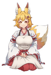 Rule 34 | 1girl, aged up, alternate breast size, animal ear fluff, animal ears, apron, blonde hair, blush, breasts, flower, fox ears, fox tail, hair between eyes, hair flower, hair ornament, hakama, hakama skirt, hands on lap, japanese clothes, large breasts, looking at viewer, miko, own hands together, senko (sewayaki kitsune no senko-san), sewayaki kitsune no senko-san, short hair, simple background, sitting, skirt, smile, solo, tail, wariza, white background, wide sleeves, yellow eyes, ysui0000