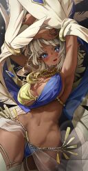 Rule 34 | 1girl, :d, absurdres, animal ears, armpits, arms up, blonde hair, blue eyes, blush, breasts, cleavage, commission, cowboy shot, crescent, dancer, dark-skinned female, dark elf, dark skin, detached sleeves, elf, highres, jewelry, large breasts, long hair, looking at viewer, melaton, navel, necklace, open mouth, original, pointy ears, see-through, skeb commission, smile, solo, toned, veil