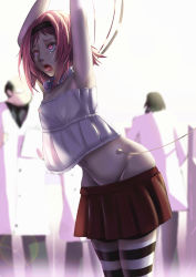 Rule 34 | 10s, 1girl, arms up, bad end, blurry, captured, collar, crying, crying with eyes open, gokukoku no brynhildr, hairband, highres, kazumi schlierenzauer, lab coat, lens flare, navel, necktie, pantyhose, pink eyes, pink hair, red skirt, skirt, solo focus, streaming tears, striped clothes, striped pantyhose, striped thighhighs, tears, thighhighs, tongue, torture, yonoki