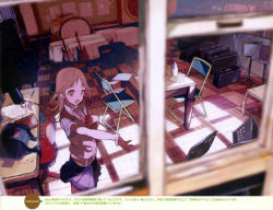 Rule 34 | 10s, 1girl, :d, blurry, bottle, brown eyes, brown hair, chair, classroom, depth of field, digital media player, folding chair, hand on own chest, highres, instrument, instrument case, long hair, miyamoto konatsu, music stand, necktie, office chair, official art, open mouth, outstretched hand, pleated skirt, scan, school, school uniform, skirt, smile, solo, sweater vest, swivel chair, table, tanu, tari tari, trampoline, vest, water bottle, window shadow