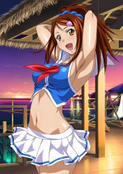 Rule 34 | 00s, 1girl, armpits, arms behind head, bachou mouki, breasts, brown eyes, brown hair, groin, hair ornament, hair scrunchie, high ponytail, ikkitousen, large breasts, long hair, midriff, navel, open mouth, outdoors, pleated skirt, scrunchie, shiny skin, sideboob, skirt, solo, white skirt