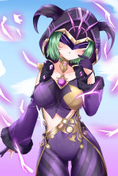 Rule 34 | 1girl, absurdres, bare shoulders, blush, bodysuit, breasts, cicin mage (genshin impact), cloak, detached sleeves, electricity, electro cicin mage (genshin impact), genshin impact, gloves, green hair, highres, hood, hooded cloak, large breasts, looking at viewer, mask, min1910, shiny clothes, short hair, skin tight, smile, solo, tongue, tongue out, visor
