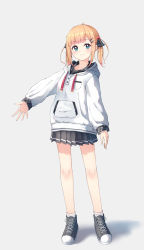Rule 34 | 1girl, absurdres, black footwear, black ribbon, black skirt, blonde hair, blue eyes, blush, closed mouth, commentary request, drawstring, enuni, grey background, hair bobbles, hair ornament, hair ribbon, hairclip, highres, hood, hood down, hoodie, hoshino sora (enuni), long sleeves, looking at viewer, original, outstretched arm, pleated skirt, puffy long sleeves, puffy sleeves, ribbon, shadow, shoes, skirt, sleeves past wrists, smile, socks, solo, standing, twintails, white hoodie, white socks