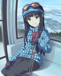 Rule 34 | 10s, 1girl, black hair, cable car, gloves, goggles, green eyes, long hair, looking at viewer, mountain, nanase yoshino, official art, sitting, ski gear, ski goggles, smile, solo, wake up girls!, wake up girls! stage no tenshi, winter clothes