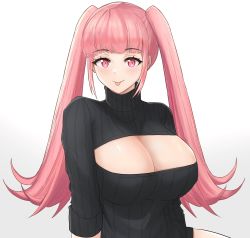 Rule 34 | 1girl, :p, alternate costume, black sweater, blunt bangs, breasts, cleavage, cleavage cutout, closed mouth, clothing cutout, commentary, desspie, english commentary, female focus, fire emblem, fire emblem: three houses, highres, hilda valentine goneril, large breasts, long hair, looking at viewer, matching hair/eyes, meme attire, naked sweater, nintendo, open-chest sweater, pink eyes, pink hair, ribbed sweater, sidelocks, simple background, smile, solo, sweater, tongue, tongue out, turtleneck, turtleneck sweater, twintails, very long hair, white background