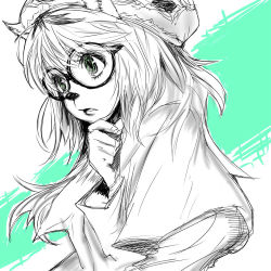 Rule 34 | 1girl, beret, body fur, capelet, cheadle yorkshire, dog girl, female focus, furry, furry female, glasses, hat, hunter x hunter, long hair, long sleeves, monochrome, pict-pict, round eyewear, simple background, solo, thinking, upper body, white background