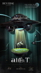 Rule 34 | alien t, aqua background, aqua curtains, character name, copyright name, cow, curtains, english text, flying saucer, grass, highres, logo, no humans, object focus, official art, radio antenna, reverse:1999, shadow, spacecraft, spotlight, tractor beam, ufo