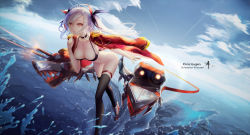 Rule 34 | 1girl, ass, azur lane, bikini, black bikini, black thighhighs, blue sky, blush, bottomless, breasts, character name, choker, cleavage, cloud, cross, day, earrings, epaulettes, finger to mouth, firing, full body, highres, index finger raised, iron cross, jacket, jacket on shoulders, jewelry, large breasts, leaning forward, long hair, looking at viewer, machinery, military, military uniform, multicolored hair, naval uniform, navel, ocean, orange eyes, outdoors, prinz eugen (azur lane), rigging, shushing, sidelocks, sky, solo, splashing, stomach, swept bangs, swimsuit, thigh strap, thighhighs, turret, two-tone hair, two side up, uniform, very long hair, wangchuan de quanyan, water, white hair