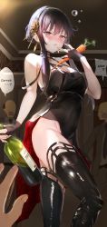 Rule 34 | 1girl, 3boys, absurdres, bare shoulders, black dress, black hair, blush, bottle, breasts, carrot, cleavage, dress, drunk, earrings, flower, gloves, gold hairband, hair ornament, hairband, highres, holding, holding carrot, jewelry, large breasts, long hair, looking at viewer, mugiusagi, multiple boys, no panties, open mouth, red eyes, revision, sidelocks, speech bubble, spy x family, thighhighs, wine bottle, yor briar