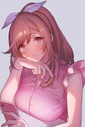 Rule 34 | 1girl, blue bow, blush, bow, breast rest, breasts, brown eyes, brown hair, cellphone, collared shirt, grey background, hair bow, head rest, highres, holding, holding phone, idolmaster, idolmaster shiny colors, ikarin, large breasts, long hair, looking at viewer, phone, ponytail, shirt, simple background, sleeveless, sleeveless shirt, smartphone, solo, tsukioka kogane, upper body