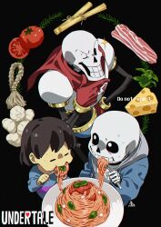 Rule 34 | 1other, 2boys, :t, = =, androgynous, basil leaf, black background, bone, brothers, brown hair, cape, cel shading, cheese, child, commentary, copyright name, eating, film grain, finger to own chin, food, food on face, fork, frisk (undertale), from above, garlic, gloves, grin, hand on own hip, highres, holding, holding fork, kamezaemon, leaf, male focus, meat, multiple boys, one eye closed, papyrus (undertale), pasta, red cape, red gloves, sans, short hair, siblings, simple background, skeleton, smile, sparkle, sweat, tomato, undertale, upper body