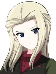 Rule 34 | 1girl, aikir (jml5160), black vest, blonde hair, blue eyes, clara (girls und panzer), closed mouth, commentary, girls und panzer, green jacket, highres, jacket, light frown, long hair, looking at viewer, military, military uniform, portrait, pravda military uniform, red shirt, shirt, simple background, solo, turtleneck, uniform, vest, white background
