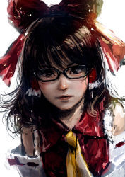 Rule 34 | 1girl, absurdres, ascot, bespectacled, black-framed eyewear, black eyes, black hair, bow, detached sleeves, glasses, hair bow, hair tubes, hakurei reimu, highres, lips, looking at viewer, realistic, red bow, short hair, simple background, solo, takami masahiro, touhou, upper body, white background, yellow ascot