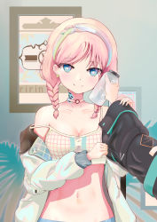 Rule 34 | 1girl, 1other, absurdres, anxin yuan lilin, arknights, black jacket, blue eyes, blue poison (arknights), blue poison (shoal beat) (arknights), blue shorts, blush, bottle to cheek, braid, breasts, chinese commentary, choker, cleavage, collarbone, doctor (arknights), hairband, highres, jacket, looking at viewer, medium breasts, medium hair, midriff, nail polish, navel, o-ring, o-ring choker, off shoulder, official alternate costume, open clothes, open jacket, pink choker, pink hair, pov, pov hands, scales, shorts, smile, sports bra, strap slip, upper body, white jacket, white sports bra