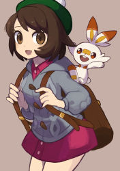 Rule 34 | 1girl, backpack, bag, bob cut, brown bag, brown eyes, brown hair, buttons, cardigan, collared dress, commentary request, creatures (company), dress, eyelashes, game freak, gen 8 pokemon, gloria (pokemon), green headwear, grey cardigan, hat, highres, holding strap, hooded cardigan, nintendo, open mouth, pink dress, pokemon, pokemon (creature), pokemon swsh, scorbunny, short hair, simple background, smile, tam o&#039; shanter, tongue, yusa (be2001)