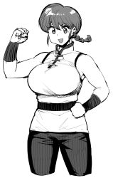 Rule 34 | 1girl, arm up, braid, breasts, hand on own hip, highres, large breasts, monochrome, ranma-chan, ranma 1/2, short hair, simple background, sketch, smile, solo, synecdoche, white background