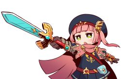 Rule 34 | 1girl, :o, bag, beret, blue hat, blue jacket, blue skirt, blunt bangs, blush, brown gloves, cape, character request, etrian odyssey, gloves, green eyes, hat, highres, holding, holding sword, holding weapon, jacket, long hair, naga u, open mouth, outstretched arm, pink cape, pink hair, pleated skirt, satchel, short eyebrows, simple background, skirt, solo, sword, thick eyebrows, twintails, weapon, white background
