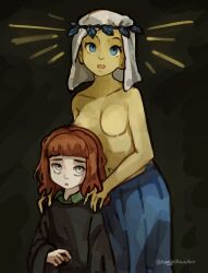 2girls age_difference behind_another black_robe blue_eyes blue_pants blunt_bangs breasts child collarbone colored_skin commentary dark_background fear_&amp;_hunger grey_eyes hands_on_another&#039;s_shoulders head_wreath height_difference highres kingjoshua long_sleeves looking_at_viewer medium_breasts medium_hair mother_and_daughter multiple_girls navel nilvan_(fear_&amp;_hunger) no_nipples open_mouth orange_hair pants robe spoilers the_girl_(fear_&amp;_hunger) topless twitter_username white_headdress yellow_skin