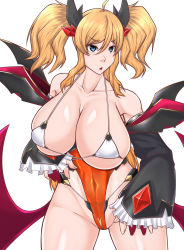 Rule 34 | 1girl, alternate costume, bare shoulders, blonde hair, blue eyes, boots, breasts, cosplay, covered navel, curvy, demon girl, demon girl (cosplay), fake wings, full body, gloves, hakutakudan, halloween costume, highleg, highleg leotard, highres, huge breasts, leotard, nail polish, official alternate costume, onizaki kirara, open mouth, orange leotard, shiny clothes, shiny skin, solo, taimanin (series), taimanin rpgx, thighs, thong leotard, twintails, white background, wide hips, wings
